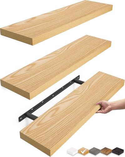 Image of BAYKA Floating Shelves for Wall, 22.5 inches Wall Mounted Rustic Wood Shelves for Bathroom, Bedroom, Living Room, Floating Shelves for Books /Storage /Decor (Light Oak-Toned,Set of 3)