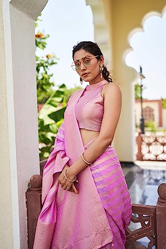 Image of Vardha Women's Banarasi Georgette Saree with Unstitched Blouse Piece - Gold Zari Woven Work Sarees for Wedding (Vritika)