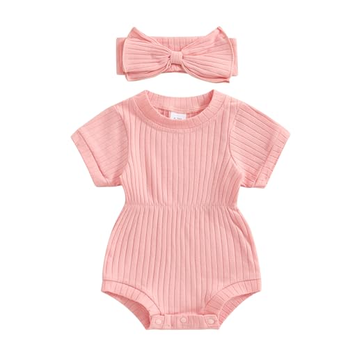 Image of Karwuiio Newborn Baby Girl 2 Piece Outfits Short Sleeve Knit Jumpsuit Romper with Headband Summer Clothes