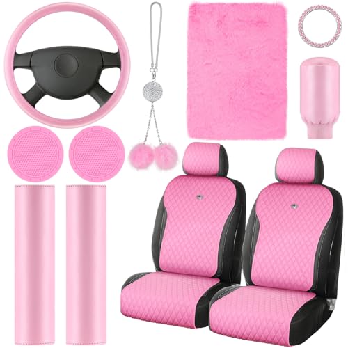 Nuenen 15 Pcs Car Accessories Set Leather Seat Covers Full Set Steering Wheel Seat Belt Covers Center Console Pad Bling Rear View Mirror Hanging Accessory(Pink)