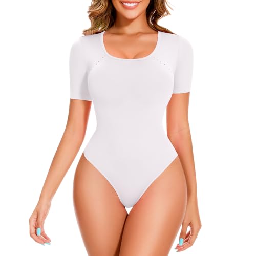 Image of Anygirl Short Sleeve Shapewear Bodysuit for Women Tummy Control Round Neck Body Shaper Seamless Thong Bodysuits T-Shirt Tops