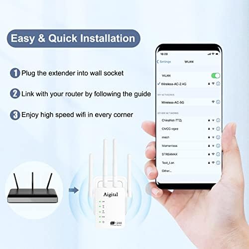 WiFi Booster 1200Mbps, WiFi Range Extender Long Range WiFi Repeater Dual Band 2.4GHz 5GHz |Up to 2640 Sq.ft Coverage |4 * 3dBi Antenna| 2* Ethernet Ports| Works with All Routers-802.11AC/B/G/N