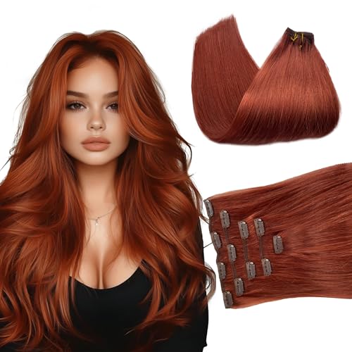 Image of Belaved Clip in Hair Extensions 20 Inch 5PCS 70g Auburn in Real Human Hair Extensions Seamless Invisible Straight for Women Red #135