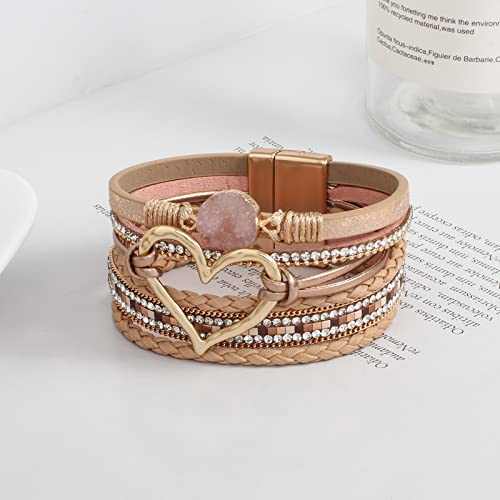 Hotoo Leather Wrap Bracelet For Women Khaki Beaded Cuff Bracelet With Heart-Shape Decor Bohemian Crystal Bracelet Jewelry With Clasp Bangle Bracelet For Women Girls Birthday Holiday Gift #TOP6