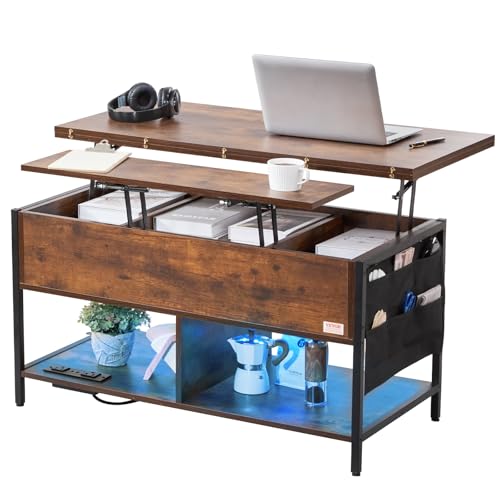 VEVOR Mesa de Centro con Tapa Elevable 1000x498x552 mm Mesa de Café Rectangular para Salón con Bolsillos de Almacenamiento Mesita de Centro Retráctil con Regleta, USB, Iluminación Ambiental, Marrón