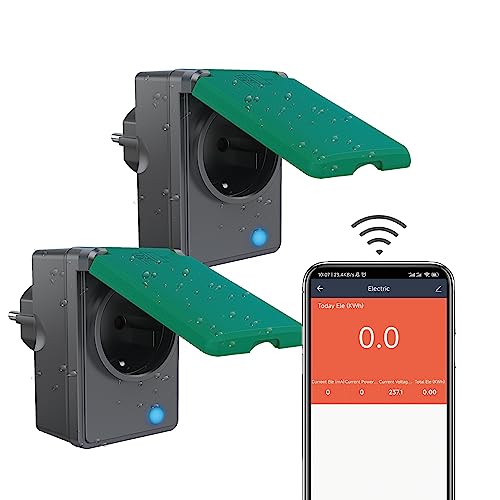UCOMEN WLAN Smart vägguttag i 2-pack, utomhusuttag, smart hemuttag, mäter strömförbrukningen, med fjärrkontroll och röststyrning, fungerar med Alexa, Google Home