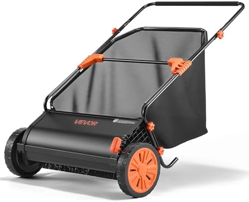 VEVOR Push Lawn Sweeper, 26 in Leaf & Grass Collector with 7 cu. ft. Hopper Bag, Adjustable Brush Height & Spinning Brushes, Heavy Duty Yard Sweeper with Rubber Wheels for Leaves Grass Cleanup