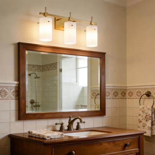 Image of SOLFART 3-Light Bathroom Vanity Light, Modern Brushed Gold Wall Lights with Milky White Clear Glass Shades, Bathroom Wall Sconce Lamp for Mirror Living Room Bedroom Hallway (Bulbs Not Included)