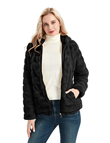 Giolshon Women Faux Fur Fleece Shearling Coat Fluffy Fuzzy Shaggy Jacket Hooded 1801 Black L #TOP1
