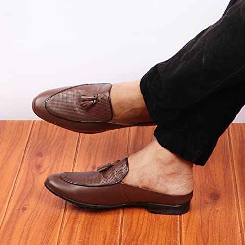 Image of FAUSTO Men's Back Open Tassle Leather Slip On Shoes for Outdoor|Evening|Festive|Occasions|Comfort|Lightweight with TPR Sole (6-13 UK)