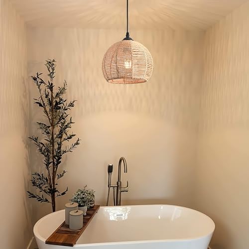 AyshwillDec Mini Hemp Rope Woven Pendant Light Woven Light Fixture Boho Chandelier Light Fixture Wicker Pendant Light Rattan Light Pendant Dome Wicker Chandelier for Bedroom Kitchen Island(Bulb Incl.) - Image 6