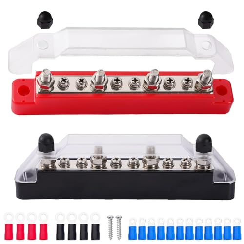 Aigreat Bus Bar Power Distribution Block, 12V-48V 150A Busbar Terminal Block with 4 x M6 Studs 6 x M4 Terminal Screws, Black Red Battery Busbar with Cover and Ring Terminals for Marine/Car/Boat/RV-10B