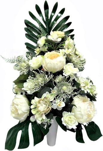 LBA Centro de Flores Artificiales para Cementerio, Preparado para Introducir en los Botes de Tumbas o Nichos. Varios Modelos. (Blanco Crema)
