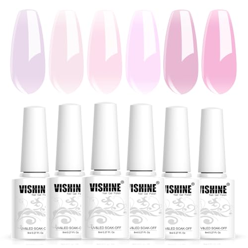 Vishine Gel Polish Set Jelly Pink Collection of 6 Transparent Natural Colors Sheer Pink Milky Mauve Purple French Manicure LED UV Gel Nail Polish Soak Off Curing Requires Home Salon 8ml