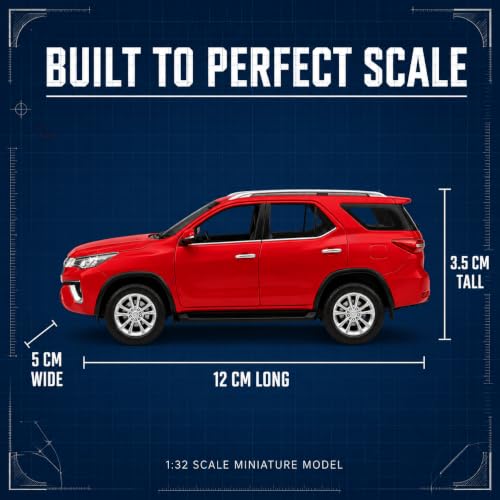 Image of 1:32 Scale Fortuner Die Cast Metal Pull Back Toy Car with Openable Doors Lights and Sound Realistic SUV Model 4x4 Miniature Collectible Vehicle for Kids Boys Girls Gift Toy Durable Red Fortuner Car