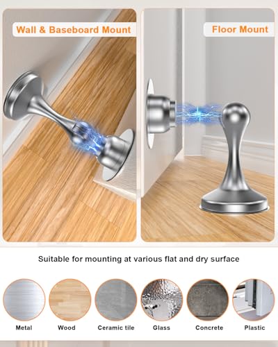 Image of Crosize Magnetic Door Stoppers 6 Pack, Stainless Steel Door Stops for Wall and Floor Mounting, Door Holder Keep Door Open, No Drilling Door Stop with 3D Adhesive Tapes, Silver