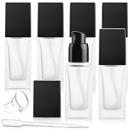 6 Pieces 30ml/1oz Frosted Glass Foundation Bottles Square Lotion Dispenser Container Empty Cosmetic Samples Vials with Press Pump&Black Cover for Liquid Foundation Essence Cream Toiletry Travel