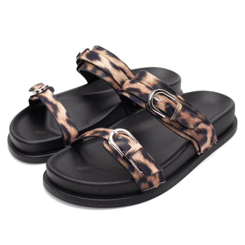 SAFECAMS Women's Double Buckle Flat Slide Sandals Comfortable Wide Width Open Toe Flat Sandals Slip on Summer Casual Resort Beach Sandal Shoes
