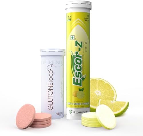 Glutone 1000 & Escor-Z Combo Pack| Setria L-Glutathione, Vitamin C Effervescent Tablets| Healthy Skin| 15 (1) + 20 (1) Tablets (Lemon Flavour)