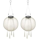 TOKIISHE 2 Stück Lampions außen Wetterfest Champagner, Solar LED Papierlaterner Ø 25 cm mit 4 Quaste, Hängende Wasserdicht Nylon Garten Laterner