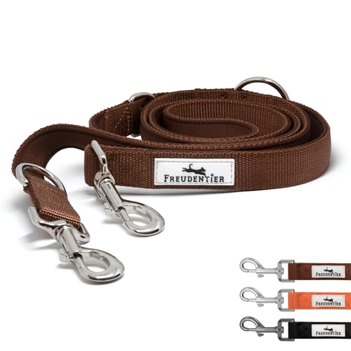 FREUDENTIER Hundeleine 2m – Verstellbare Führleine - Weich gepolstert, liegt angenehm in der Hand - Robuste Leine Hund für mittelgroße & große Hunde - Model Clyde (Braun, 20mm)