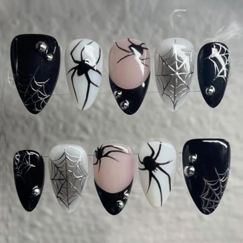 Halloween Gothic Spider Web Press On Nails Short Almond Fake