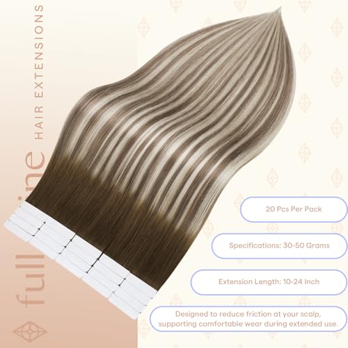 Image of Full Shine Tape in Extensions, Ash Brown Beige Blonde Ombre 22 Inch | 100g 40PCS, Seamless Double Sided Tape in Human Hair Extensions, Remy Soft Finish Wedding Styling Hazelnut Ash Blonde Blend