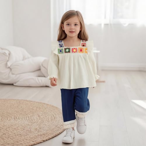 VISGOGO Baby Girl Outfit Crocheted Floral Top Linen 12 18 24M 2T 3T 4T Todder Clothes Tops + Tassel Denim Pants Set2