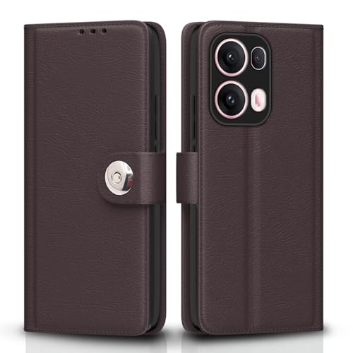 Image of Pikkme Flip Cover Leather Finish | Inside TPU with Card Pockets | Wallet Stand and Shock Proof | Complete Protection Button Flip Case for Oppo Reno 13 Pro 5G(Coffee)