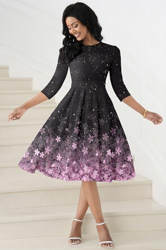 Image of Runwind Vintage Dress for Women - 3 /4 Sleeve Casual A-Line Wedding Guest Cocktail Dress with Pockets
