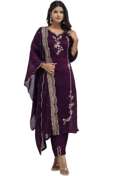 Designer Kurta Pant Set for Women – Vichitra Silk with Elegant Embroidery Work Ethnic Wear Kurta Set with Matching Pant | Stylish Traditional Outfit for Festive & Casual Wear-image-5
