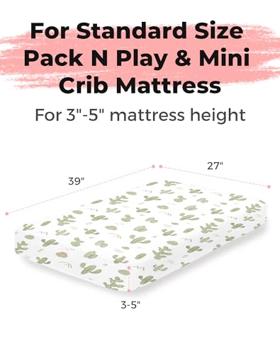 Image of Pack and Play Sheets 2 Pack, Fitted Jersey Knit Mini Crib Sheets for Baby Boys and Girls, Compatible with Graco Pack N Play and Mini Crib Mattress (Cactus Cozy, Pack N Play /Mini Crib Sheets)
