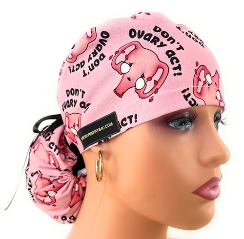 Ponytail Medical Scrub Cap – Don’t Ovary Act – Dr. Hats, Nurses Hats. Scrub Hat for Women Pink/Black