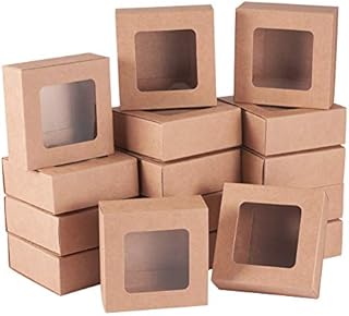 BENECREAT 24 Packs Square Kraft Paper Drawer Boxes with Window 6.5x6.5x3cm Paper Gift Boxes for Bakery Party Favor Treats Storage
