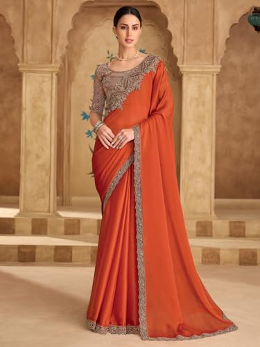 Image of AKHILAM Women's Satin Sequence Embroidery Saree With Unstitched Blouse Piece(SNDLWOD1601 TFH Parent)