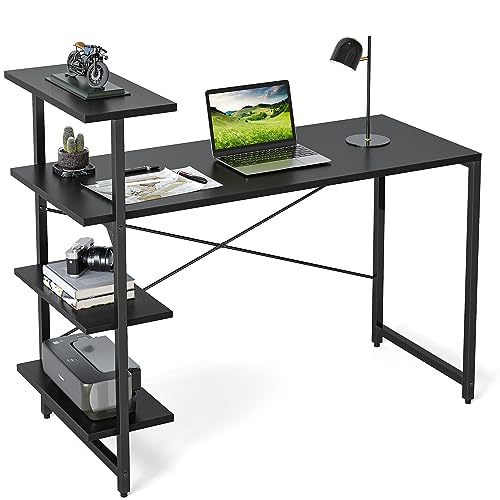 CubiCubi Kleiner Schreibtisch mit Regal 120 x 50 cm, 3-stöckiges Regal Computertisch, Pc Gaming Tisch, Einfach zu installierender Schreibtisch, Stabil Stahlgestell schreibtische, Schwarz