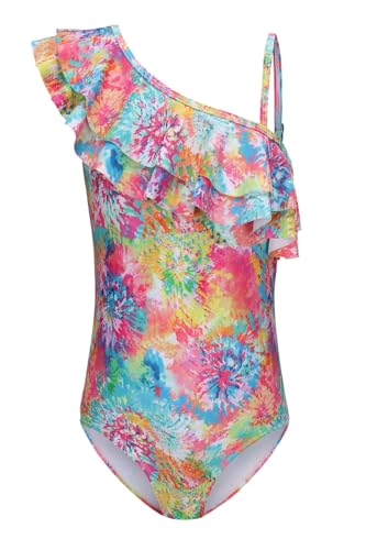 Image of Girls One Piece Swimsuits One Shoulder Ruffle Bathing Suit Kids Hawaiian Floral Swimwear 3-16 Years