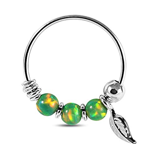 Opal with Leaf Charm 9K Solid Gold Nose Hoop Ring - Nose Beaded Nose Ring Hoop - Tiny Nose Hoop-22 Gauge