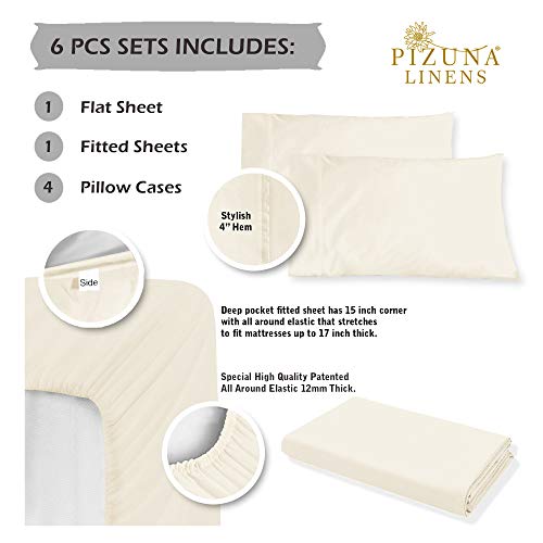 1000 Thread Count Ivory 6 Piece King Sheet Set with 2 Extra Pillow Cases, 100% Long Staple Cotton Smooth Sateen Weave Bed Sheets with Deep Pockets, 6 pc Cotton Sheets King Birch Ivory - Thumbnail 5