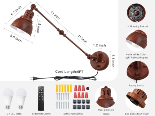 Image of 2 Pack Plug in Wall Sconces with Remote, Dimmable, Adjustable Colors, Swing Arm Wall Lamps, Wall Sconces Set of Two with Timer & Night Light, Plug-in or Hardwired (Walnut Finish, with Bulbs+Remote)