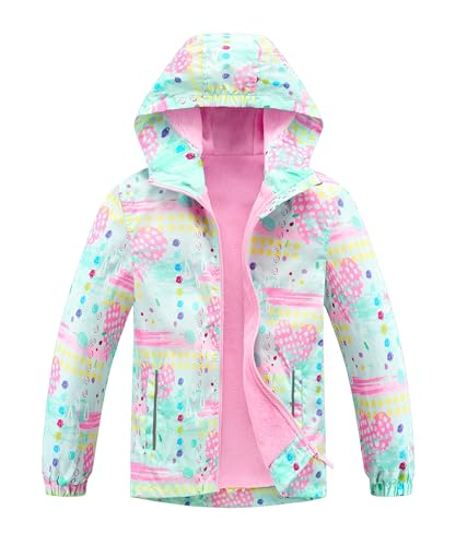 LUCKYLUAN Girls Boys Rain Jacket Windproof Raincoat Hooded Fleece Lined Outerwear 6-7 Years Pastel Green Hearts