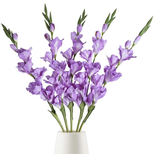 ICBOX Lot de 5 fleurs artificielles de glaïeul violet de 84 cm de long - Fleurs de glaïeul artificielles en soie pour maison, mariage, arrangement de jardin