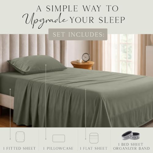 Image of KARISSA MAE Luxury Bamboo Viscose Twin XL Size Sheet Set | FSC Certified | Cooling | Ultra Soft | 18 inch Deep Pockets | Elastic Corner Straps | Includes Organizer Band [Cypress Green]