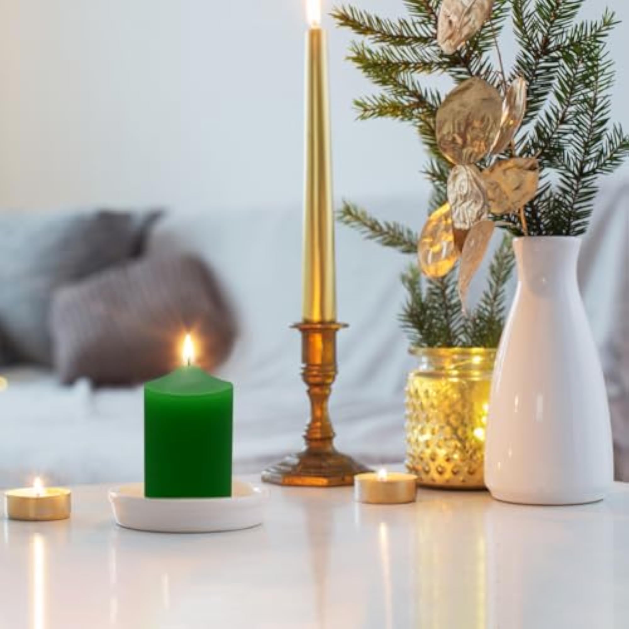 Set of Small Green Pillar Candles, Unscented