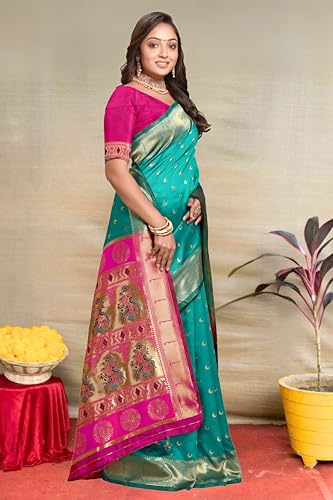 Image of C J Enterprise Women's Pure Kanjivaram Silk Saree Paithani Soft Wedding Sarees With Blouse Piece (Chand paithani)