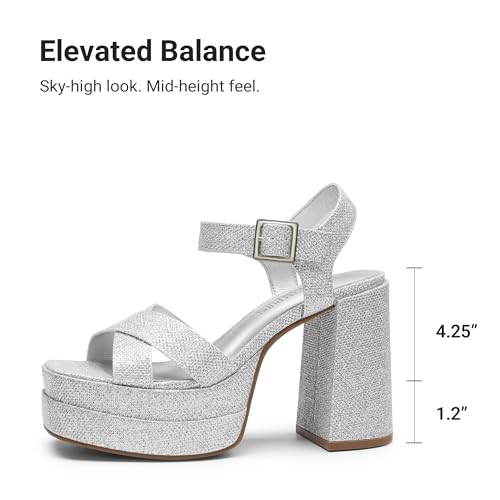 DREAM PAIRS DREAM PAIRS Women's Platform Chunky Heels Square Open Toe Ankle Strap High Heeled Sandals Y2K Shoes for Party Brunch,Size 6.5,Silver-Glitter,SDHS2330W
