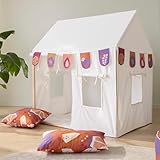 howa Kinderzelt Indoor Spielzelt Kinder Spielhaus mit Girlande, 2 Kissenbezügen, mit Rutschfester Bodenmatte, 3 Fenstern, Creme-Weiß, aus Baumwolle, Maße 80x110x125 cm 85152