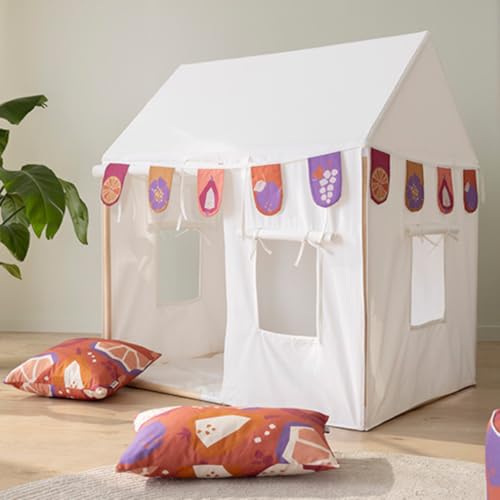howa Kinderzelt Indoor Spielzelt Kinder Spielhaus mit Girlande, 2 Kissenbezügen, mit Rutschfester Bodenmatte, 3 Fenstern, Creme-Weiß, aus Baumwolle, Maße 80x110x125 cm 85152