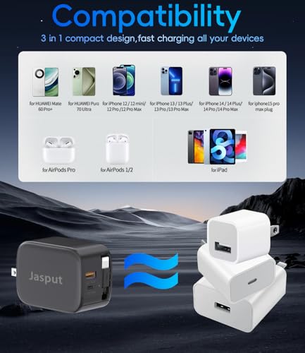 Image of 40W Retractable Wall Charger, 3 in 1 Retractable Phone Charger Wall Plug with Dual USB Ports,Fast USB C Chargers Block for iPhone 17 16 15 14,Galaxy S23 22,LG,Pixel