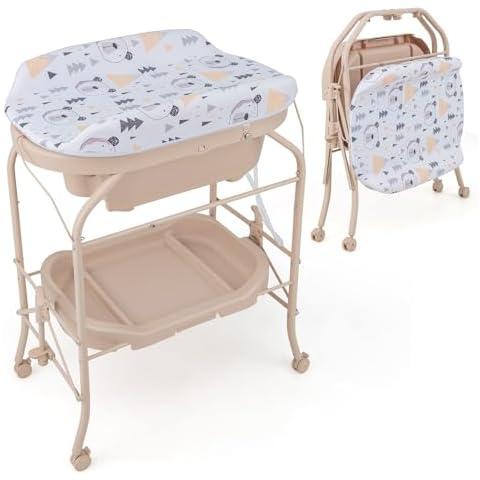 GYMAX Folding Baby Changing Table with Bathtub Cover